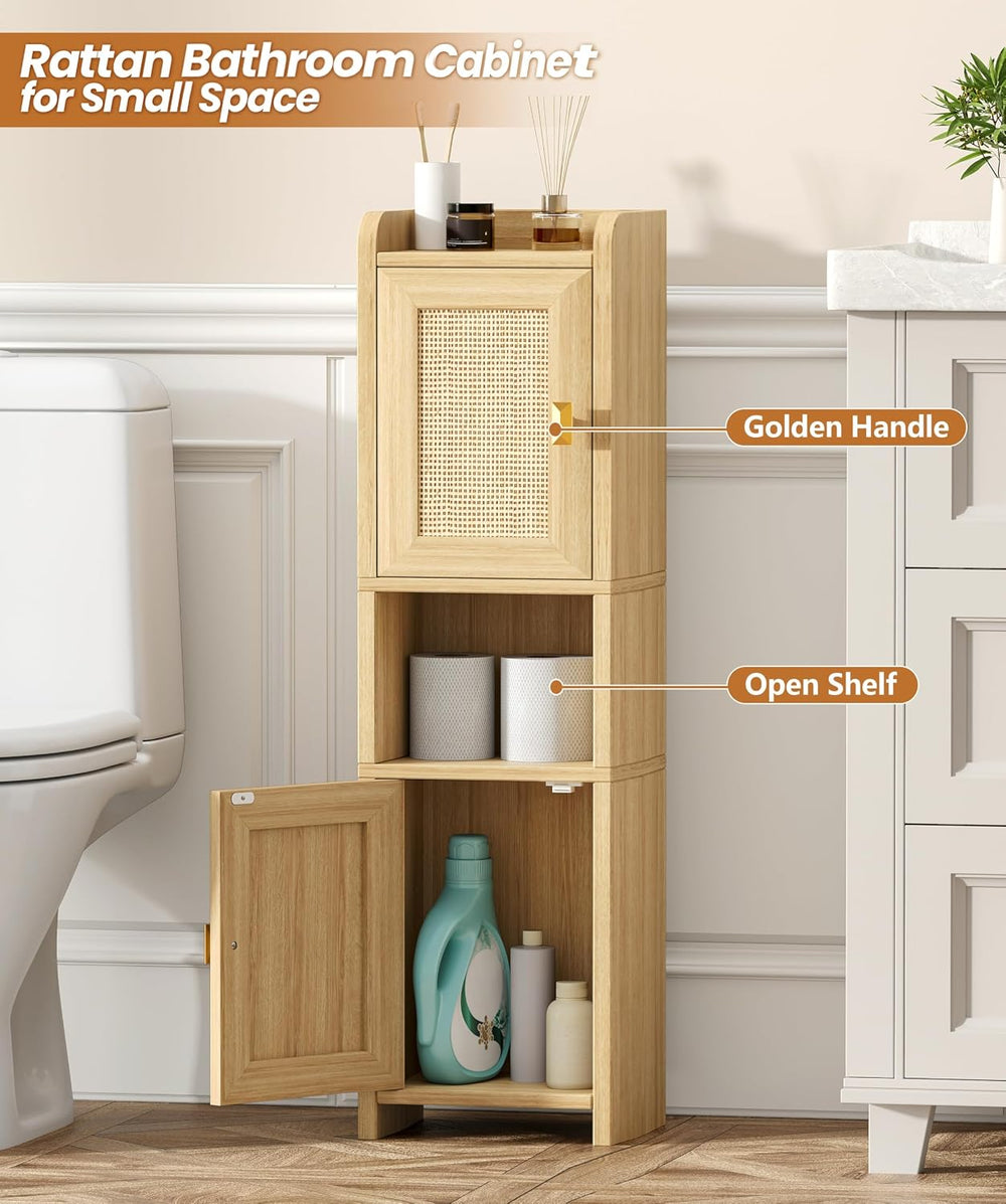 Akxomel 9.8''W Rattan Small Bathroom Storage Cabinet 2 Doors Oak
