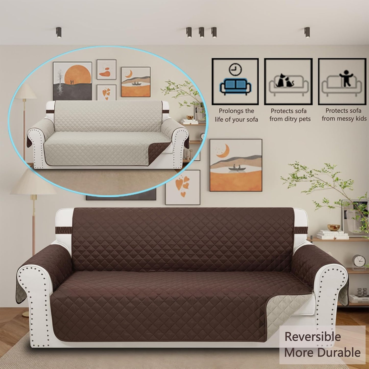 Reversible Couch Cover for 3 Cushion Couch Sofa Cover Washable for Pet Friendly with Elastic Straps Water Repellent(Sofa, Chocolate/Beige)