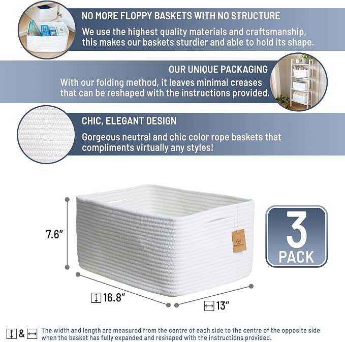 NaturalCozy Storage Baskets 16.8”x13”x7.6” Cotton Rope Woven Baskets - Image 2