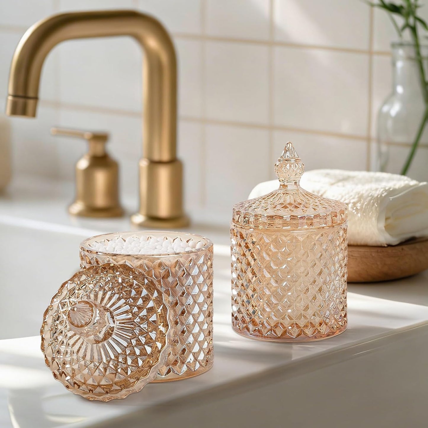2 Pack Qtip Holder Apothecary Jars with Lid, Thick Glass, Amber | Bathroom Canisters Storage Organizer for Cotton Swabs, Balls, Pads, Floss Picks, Candy, Jewelry, Bathroom Decor