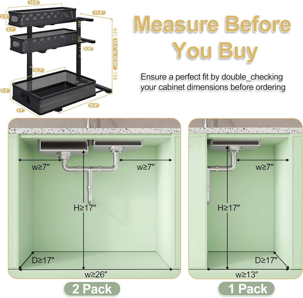 2 Pack 3 Tier Under Sink Organizer,Kitchen Cabinet Undersink Storage Drawer