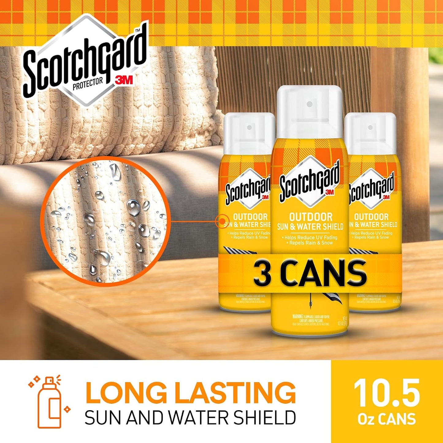 Scotchgard Water & Sun Shield Outdoor Fabric Protector Spray, UV Protection and Water Protection for Patio Furniture, Upholstery & More – 10.5 oz Aerosol (3 Cans)