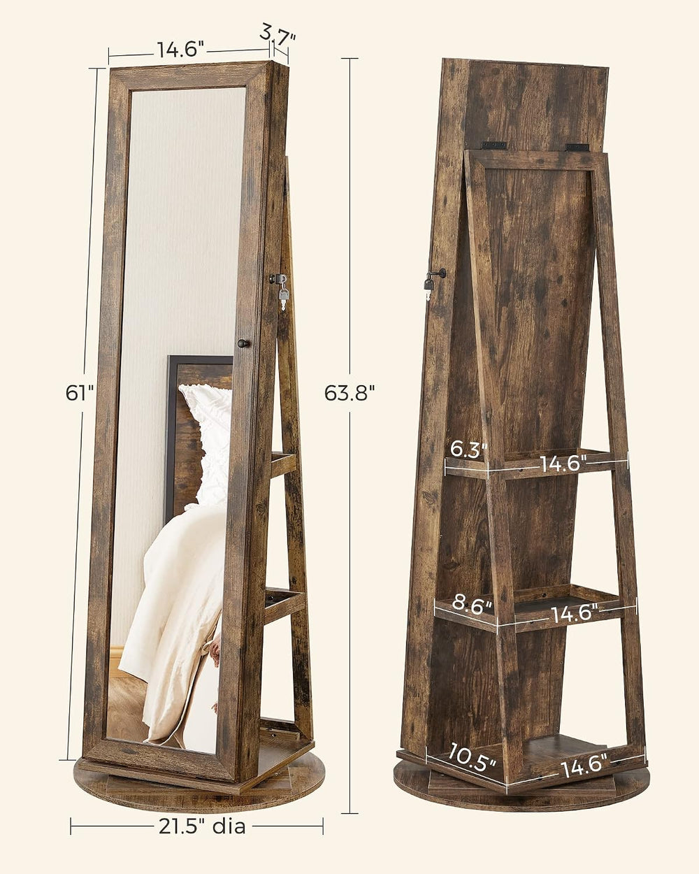 SONGMICS 360° Swivel Jewelry Cabinet, Full-Length Mirror, Lockable