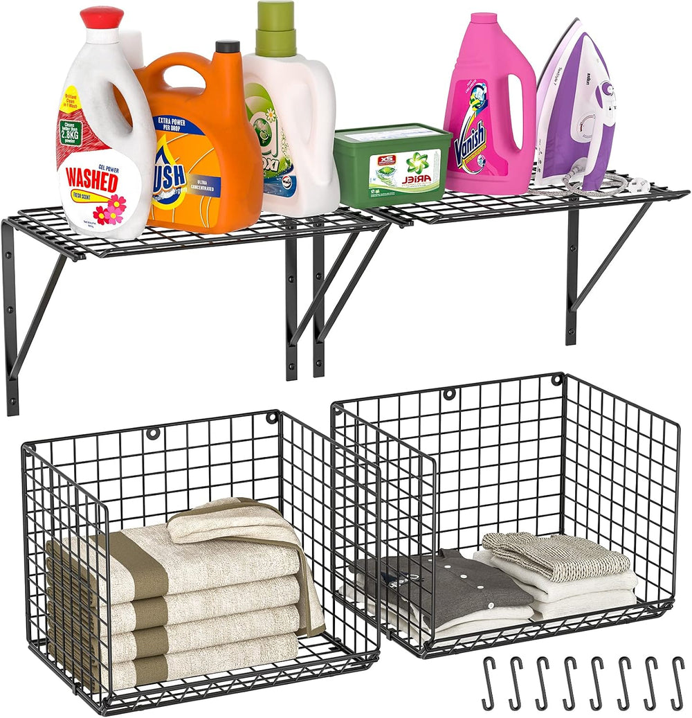 3IngSeagulls 2 Pack Laundry Room Shelves, Wire Baskets with 8 Hooks, Over Was...