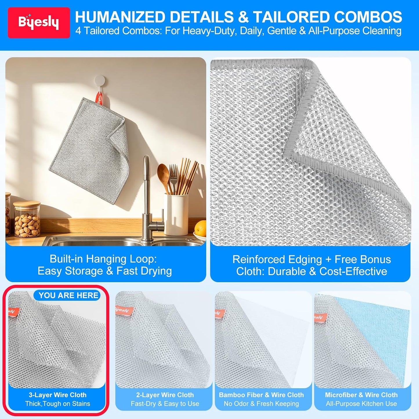 Non Scratch Wire Dishcloth, Metallic Fiber Cleaning Cloths - 9+1 Pcs Deep Clean Multi-Style Pack, for Dishes, Sinks & Pans (7.87x7.87 Inches)