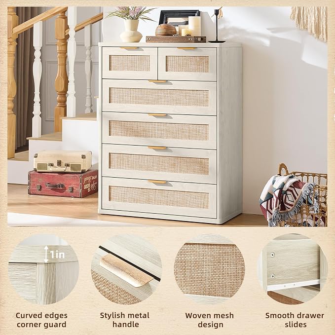 LEYAOYAO White Dresser for Bedroom, Modern 6 Drawers Boho Rattan Dressers - Image 7