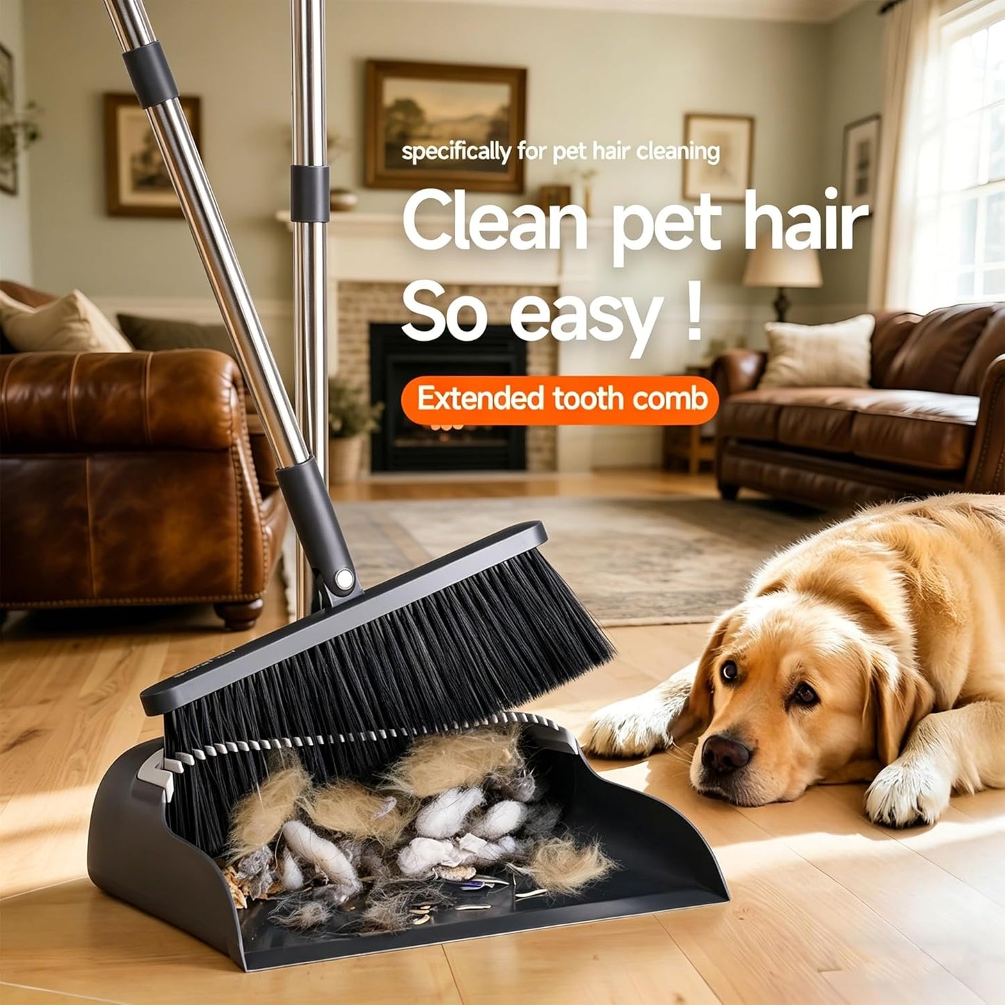 Broom and Dustpan Set, 52" Long Handle Standing Broom with Dustpan Combo Set with Dust Pan Teeth to Clean Pet Hair, Easy Sweeping Suitable for Home Kitchen Office Lobby