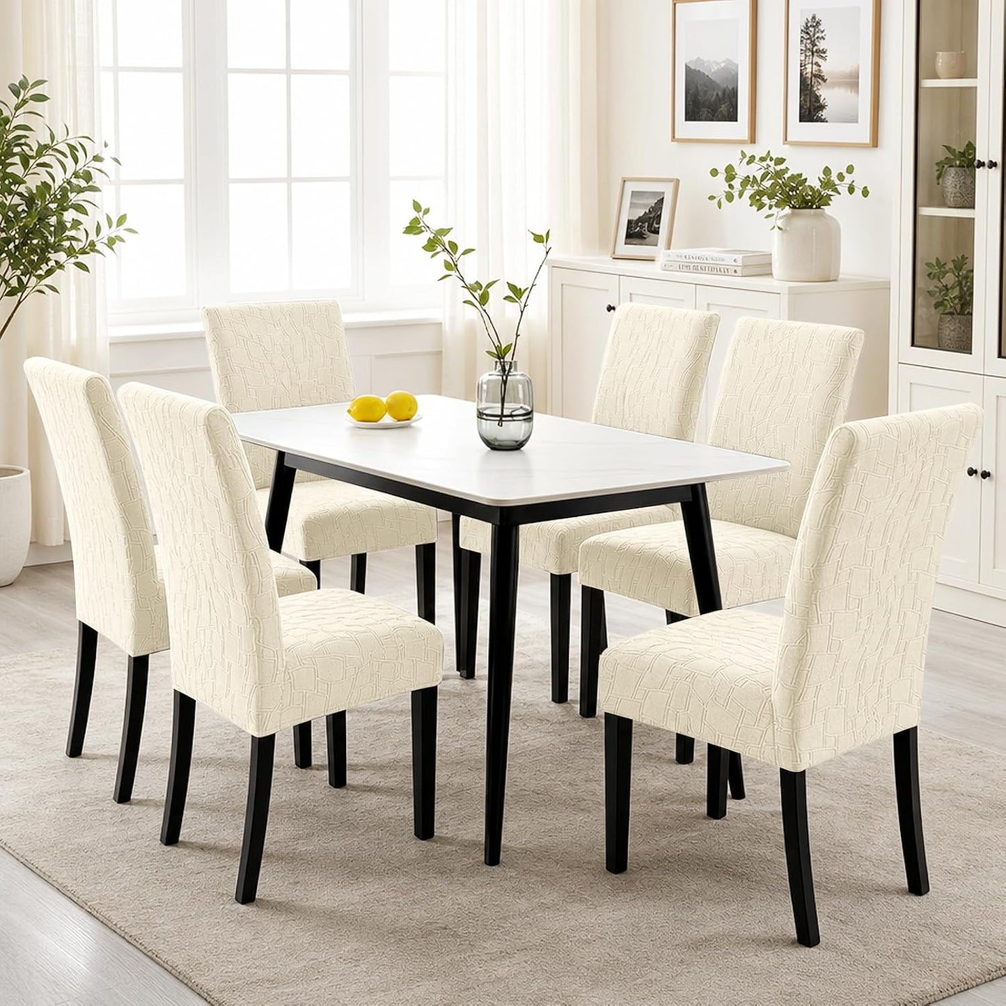 ZNSAYOTX 100% Waterproof Dining Chair Covers Set of 4, Stretch Fit Parson Chair Slipcovers for Kitchen/Living Room/Restaurant/Banquet Chairs, Soft Plaid Jacquard Washable Protector (Beige)