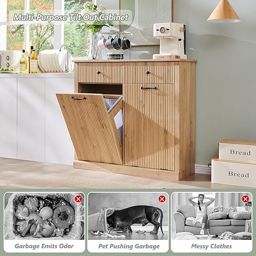Modern Double Tilt-Out Trash Cabinet, 20 Gallon Fluted Laundry Hamper Cabinet - Image 4