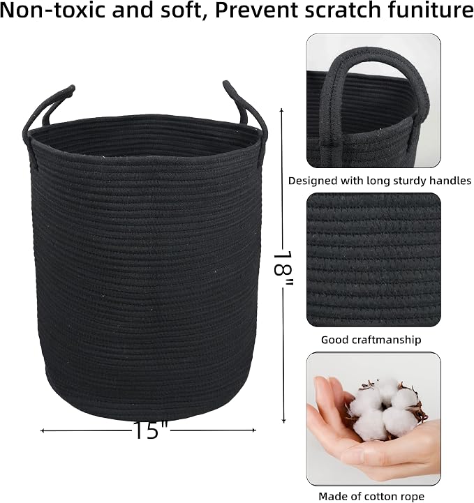 Black Cotton Rope Laundry Basket Hamper - Image 2