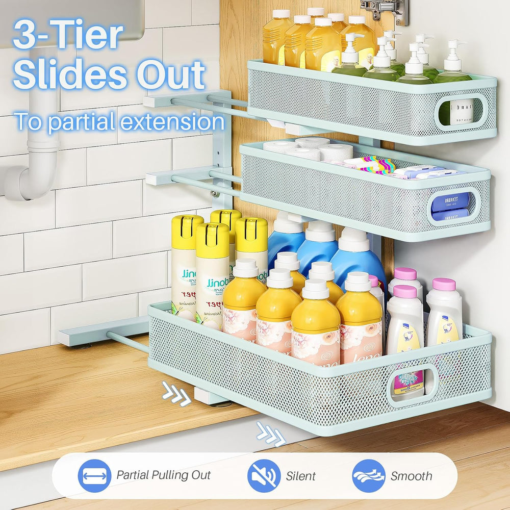 Under Sink Organizer, 3-Tier Thickened Metal Pull out Cabinet Organizer Shelf...