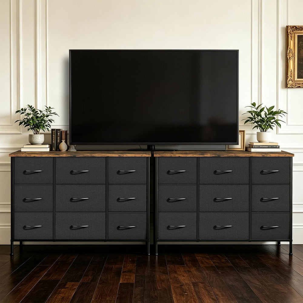 VASICAR Wide TV Stand for Bedroom, Black Dresser with 9 Deep Drawers