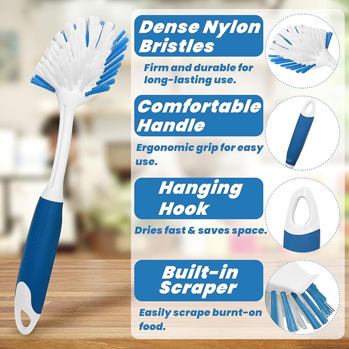 PHYEX 2-Pack Dish Brushes with Scraper, Durable Nylon Bristles Kitchen Scrub - Image 5