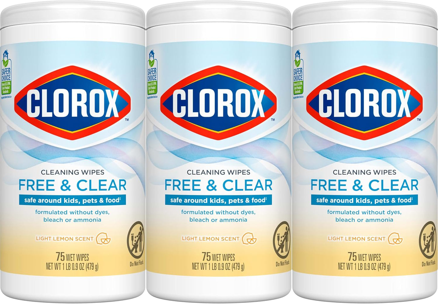 Clorox Free & Clear Cleaning Wipes, Light Lemon Scent, 75 Count, Pack of 3 (Pack May Vary)
