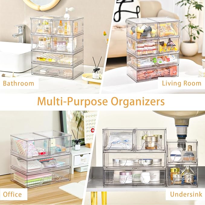 3 Pack Stackable Storage Drawers Clear Acrylic Organizer Makeup Bathroom - Image 7