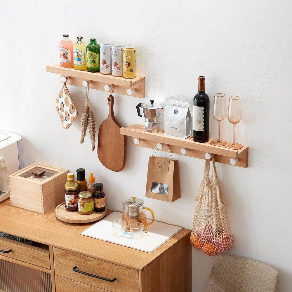 Wall Hooks with Shelf 24 inch, Beech Wood Entryway Wall with 5 Hooks, Floatin...