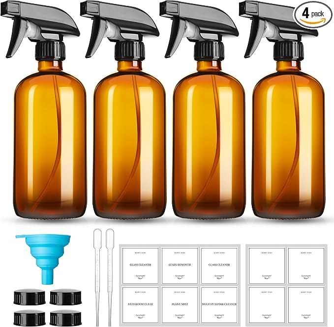 16oz Amber Glass Spray Bottles, 4 Pack Glass Spray Bottles Refillable Empty by GIVAMEIHF