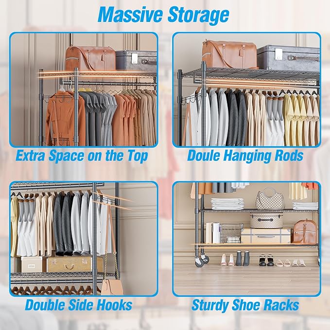 Homdox Heavy Duty Rolling Clothing Rack, Adjustable Garment Rack - Image 8