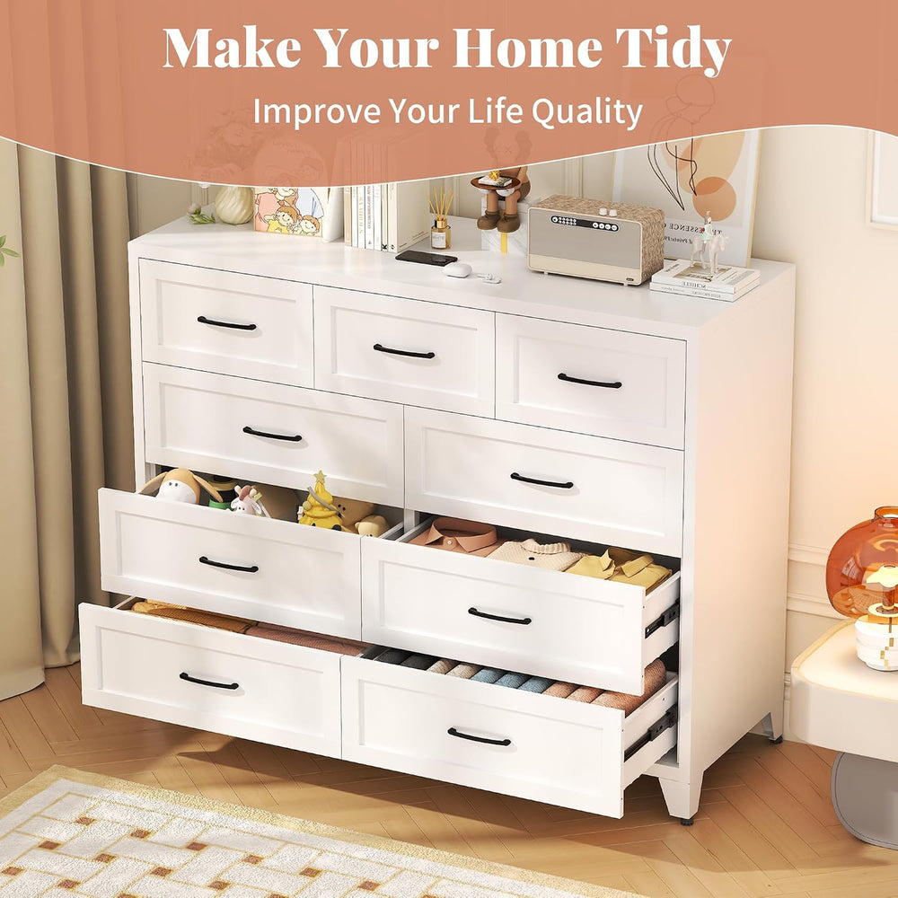 Metal 9-Drawer Dresser for Bedroom, 47" Wide White Steel Chest of Drawer...