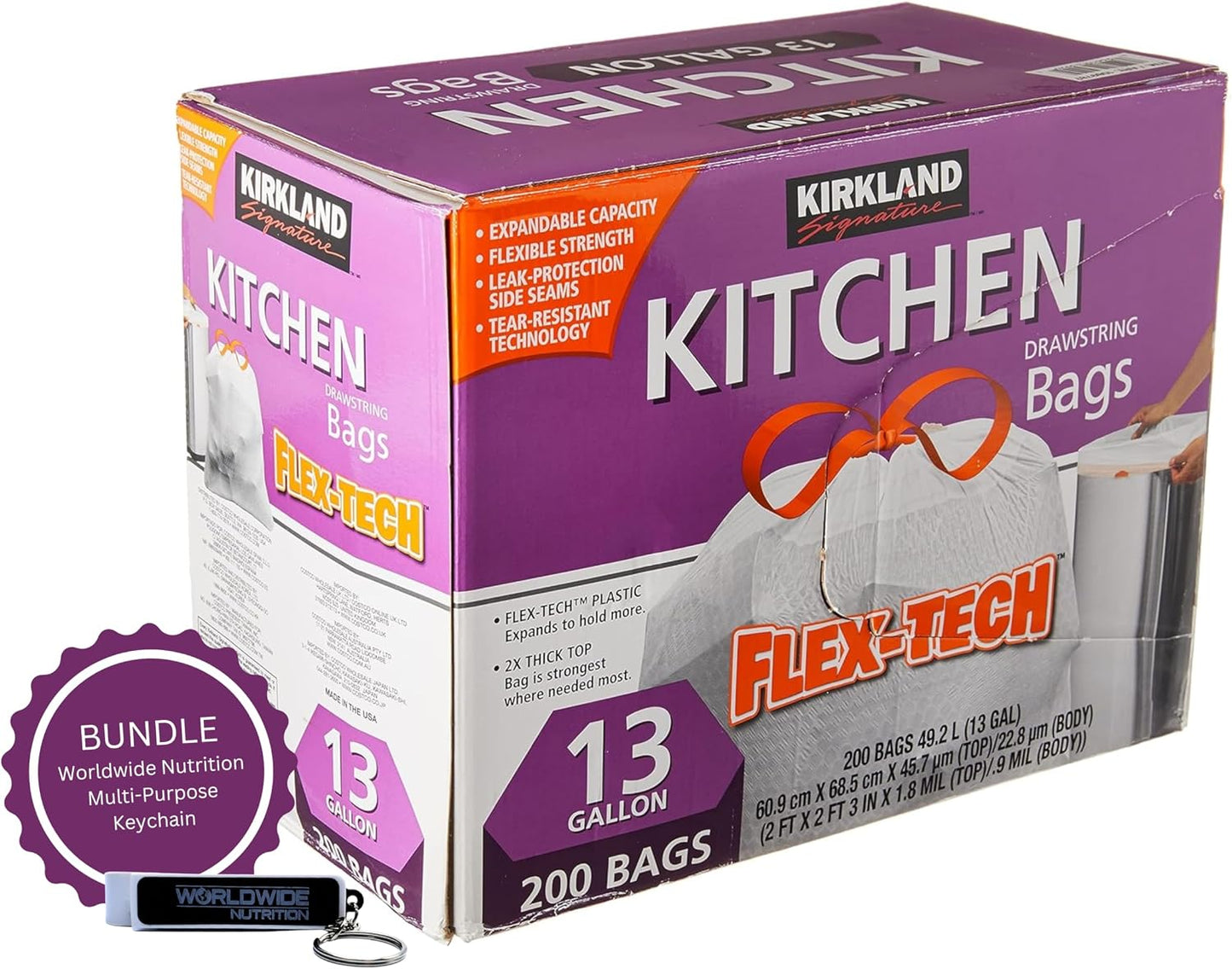 Worldwide Nutrition Bundle Compatible with Kirkland Signature Flex-Tech 13 Gallon Kitchen Garbage Bags with Drawstring Closure - 200 Count Pack of Tall Trash Bags for Kitchen with Keychain