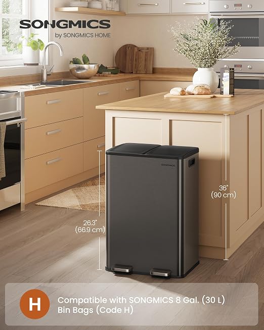 SONGMICS Trash Can, 2 x 8 Gallon Dual-Compartment Garbage Can - Image 2