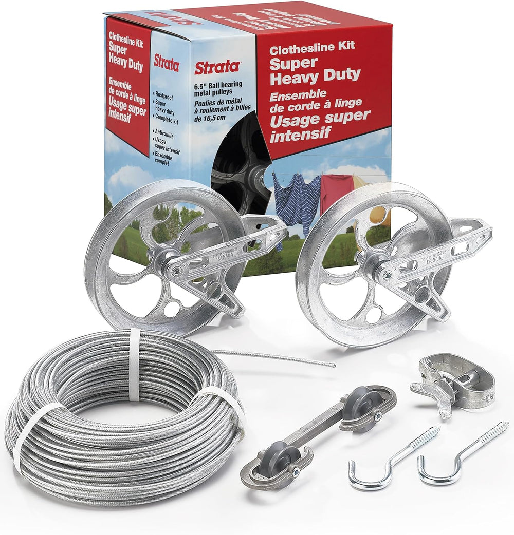 STRATA Super Heavy-Duty Clothesline Kit, 150 ft Steel Cable, Premium Metallic
