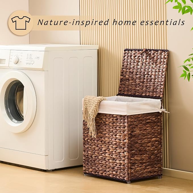 Handwoven Laundry Basket with Lid, Natural Water Hyacinth Storage Basket with - Image 3