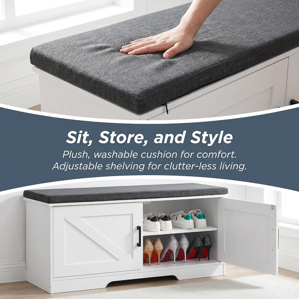 HOMSHO Farmhouse Shoe Storage Bench with 2 Barn Doors & Padded Seat Cushion