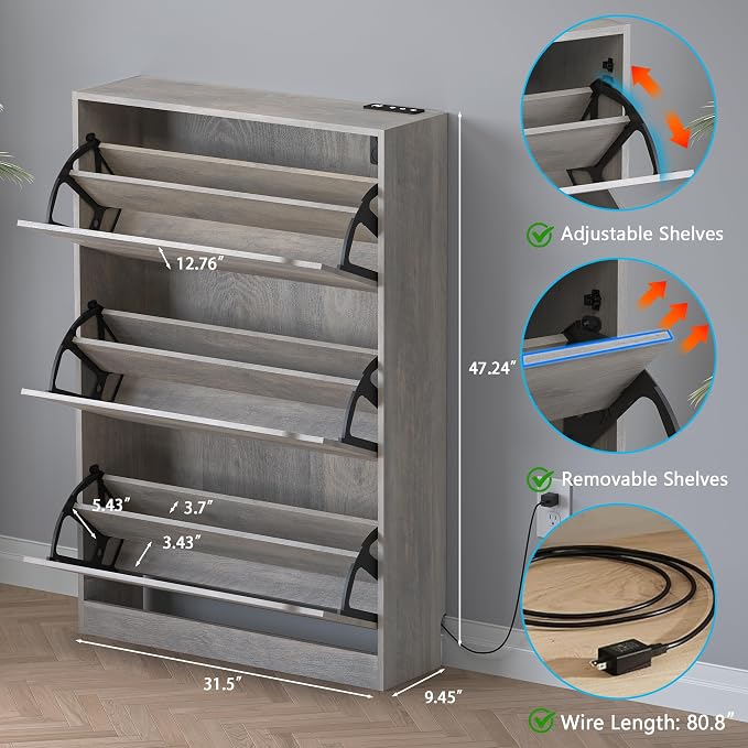 Shoe Cabinet with Odor Control and Back Panels, Deodorizing Slim 3-Flip Shoe - Image 2