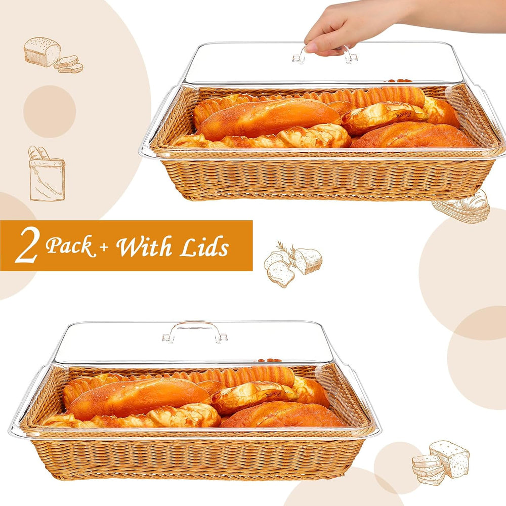 Mumufy 2 Pack Large Wicker Bread Baskets with Acrylic Lid,17.72x13.78''
