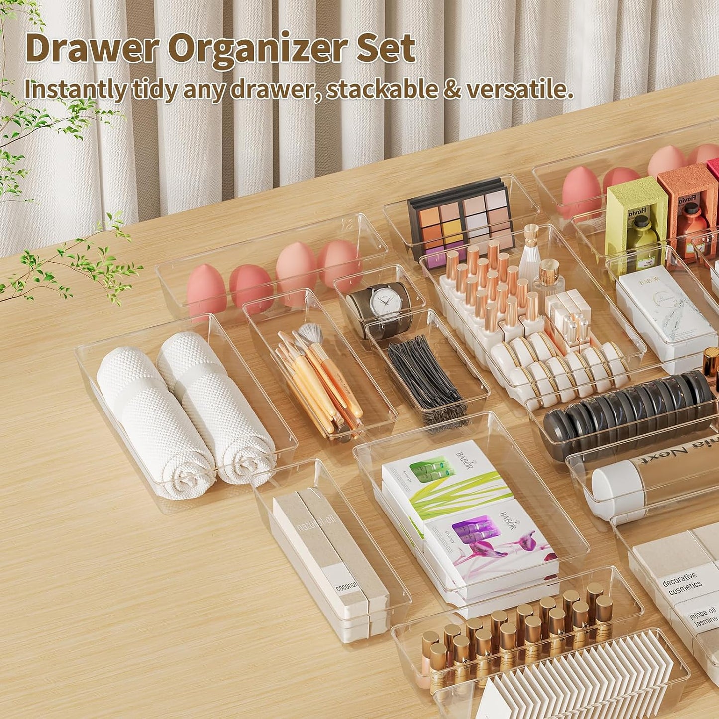 Yanosaku 25 PCS Clear Plastic Drawer Organizer Set, 4 Sizes Vanity Organizers, Desk Drawer Divider Organizers and Storage Bins for Makeup, Jewelry, Gadgets for Kitchen, Bathroom, Office
