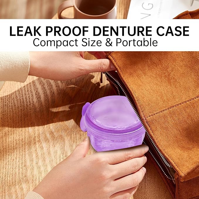 Leakproof Denture Case Purple Denture Soaking Cup False Teeth Container - Image 2