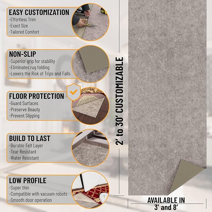 Ottomanson 8' x 11' Non-Slip Rug Pad Gripper 1/4 Inch Thick Dual Surface Felt + - Image 2
