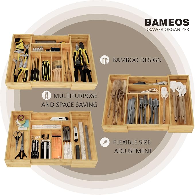 BAMEOS 3.9inch Tall Bamboo Drawer Organizer, Expandable Utensil Holder