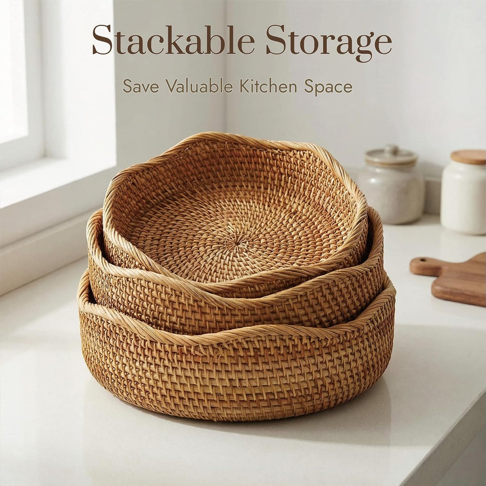 YANGQIHOME Rattan Bread Basket, Round Fruit Baskets, Wicker Storage Bowls, Na...