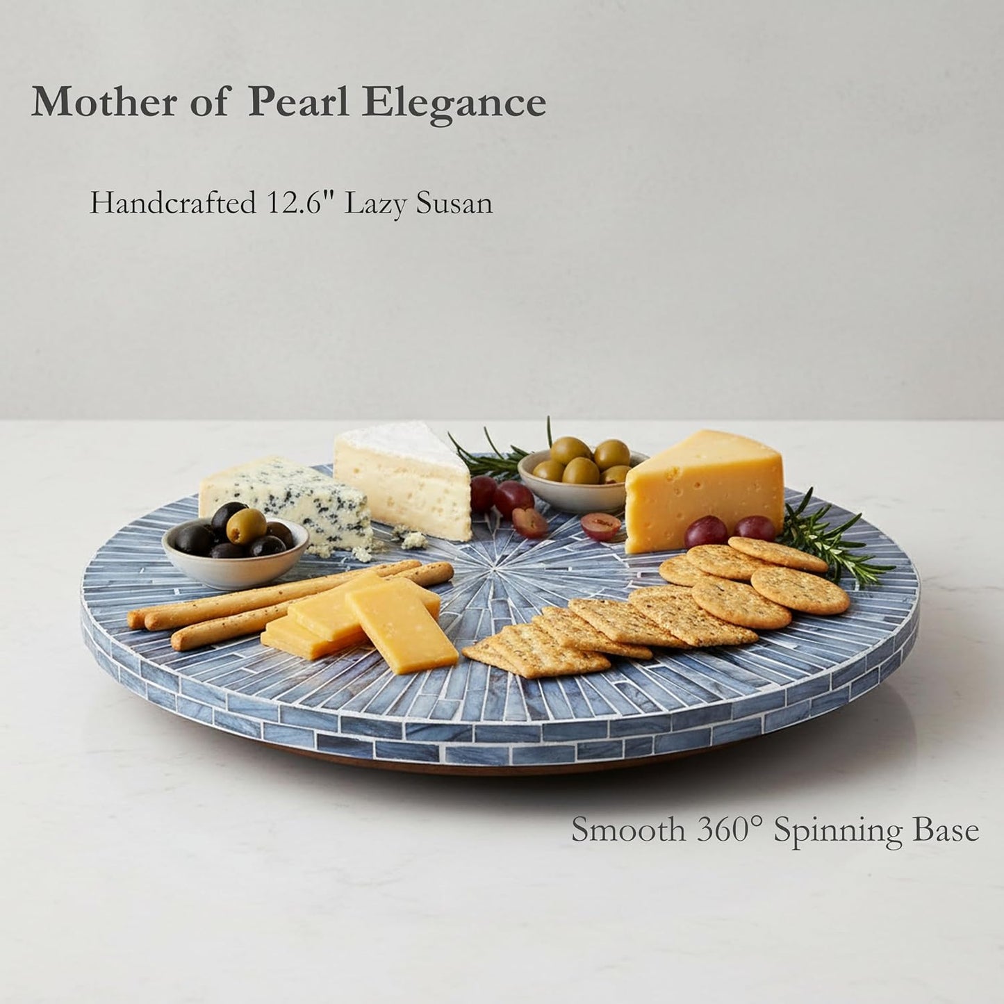 PEMAR 12.6” Handcrafted Mother of Pearl Blue Starburst Lazy Susan – Rotating Centerpiece for Dining Table, Elegant Beach House & Farmhouse Home Décor, Luxury Hostess & Housewarming Gift