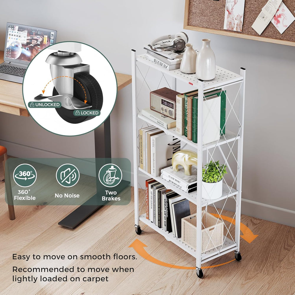 DEANIC 4 Tier Foldable Storage Shelves with Wheels, Large Capacity Shelving U...