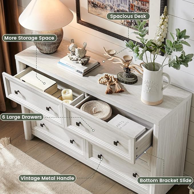 Farmhouse 6 Drawers Dresser for Bedroom, Metal Handle, Storage Closet Dressers - Image 7