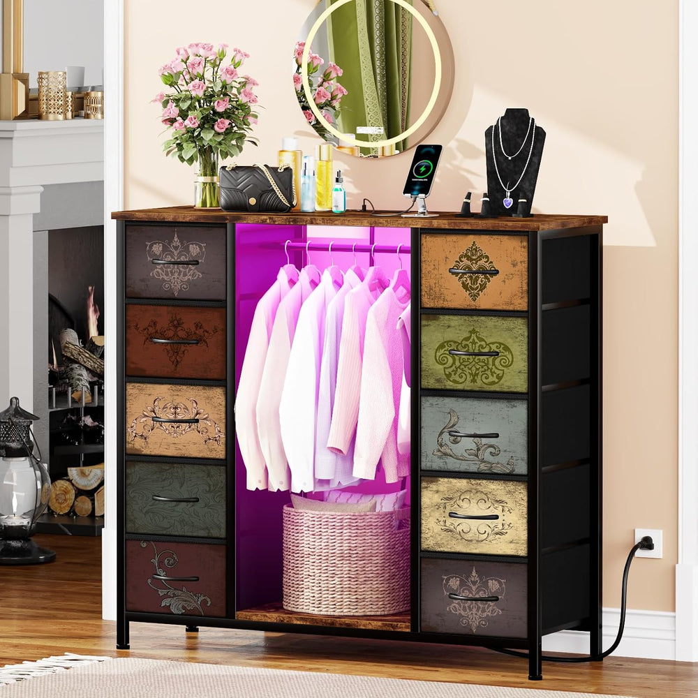 VASICAR Tall Dresser for Bedroom with Hanging Rack, 10 Drawers TV Stand