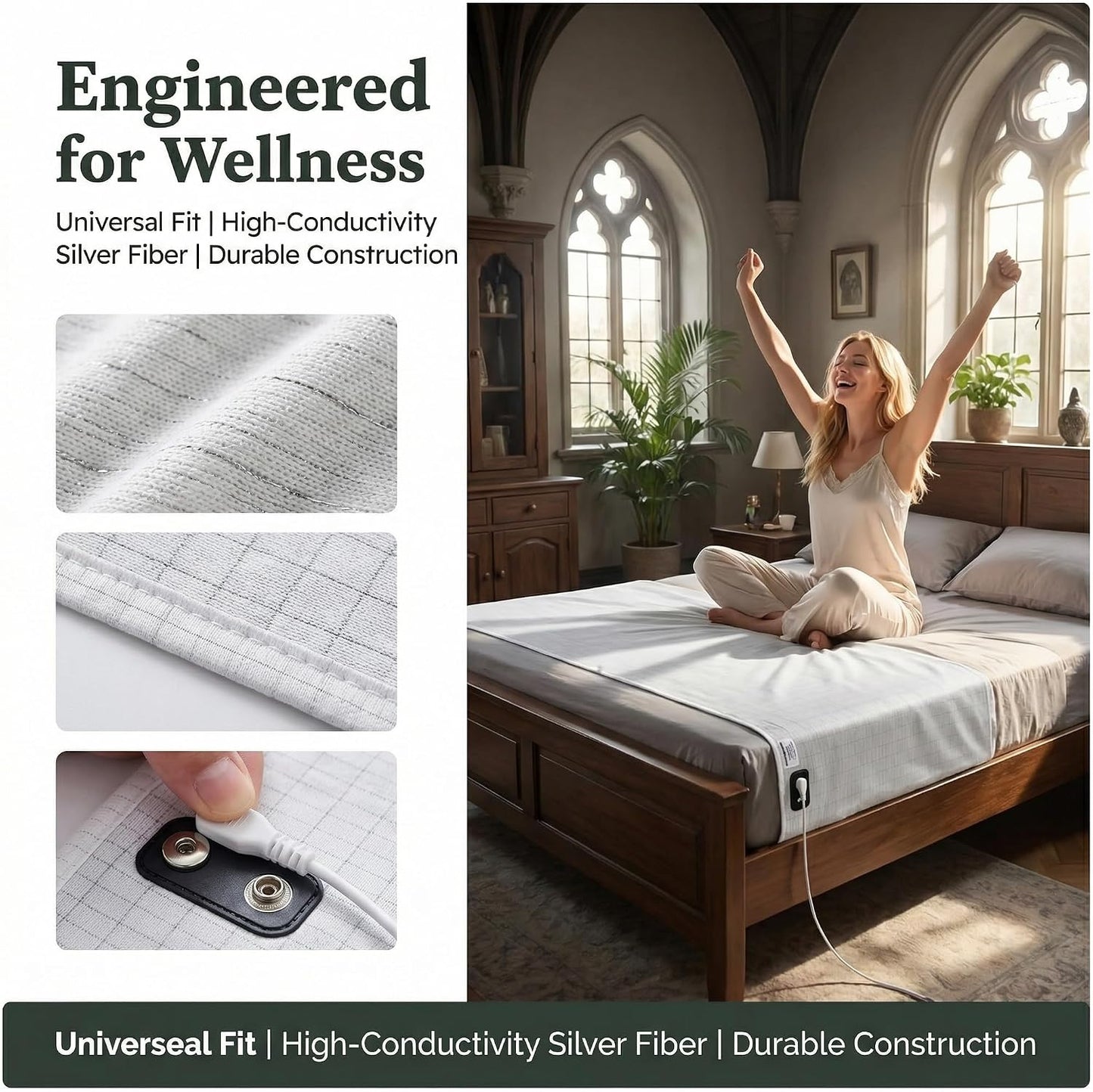 EarthingWell Grounding Sheet for Bed, Grounding Bed Sheet with Silver Fiber & Organic Cotton for Deep Rest, Earthing Sheet Strip with 15.5 ft Grounded Cord, Fits Full Queen King Beds (20" x 104")