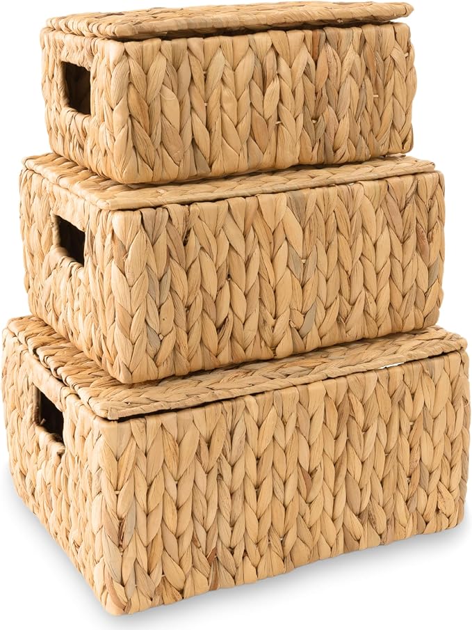 Wicker Storage Baskets with Lid, Set 3 Basket With Lid Decorative Storage - Image 6