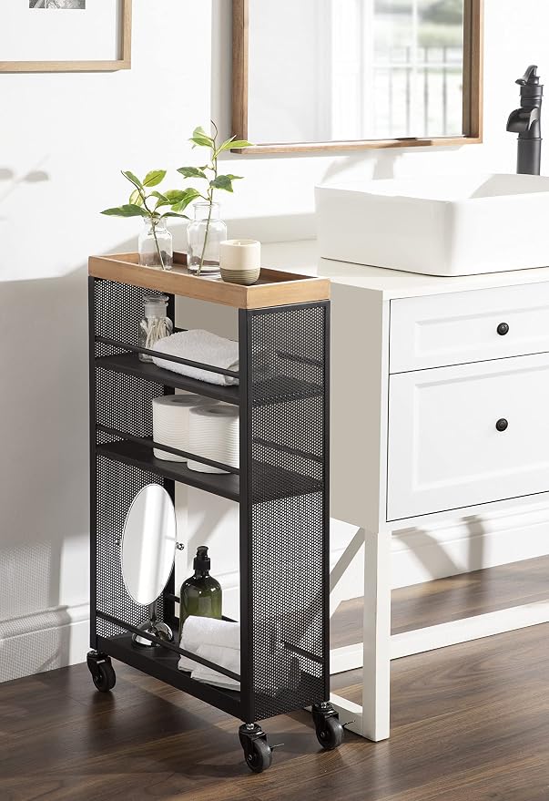 Kate and Laurel Piazza Decorative Slim Storage Cart, Natural Wood and Black - Image 6