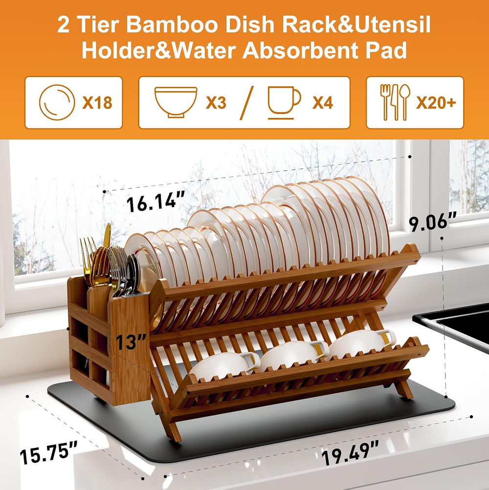 Greenual Teak Dish Drying Rack with Utensil Holder, 2 Tier Collapsible Dish R...
