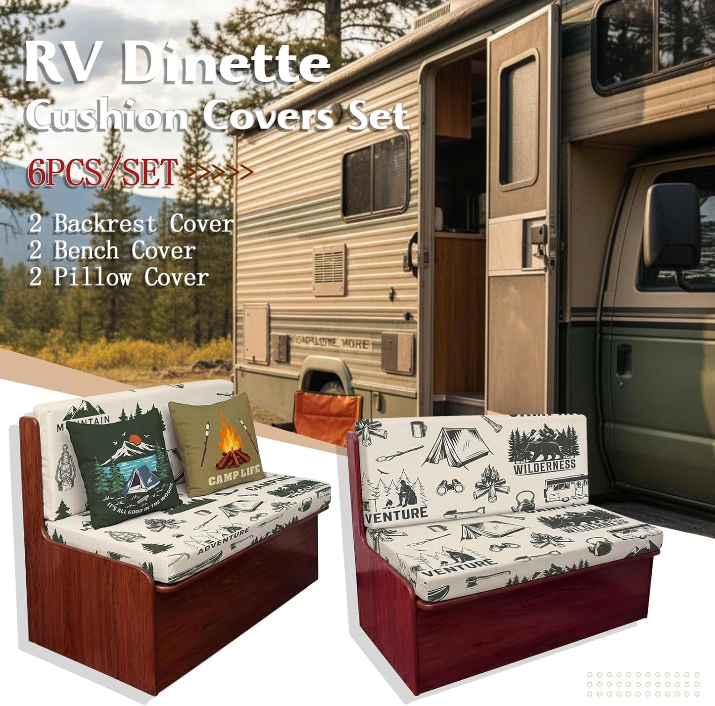 Tiamon RV Dinette Cushion Covers Set - 6 Pcs Camping Theme Cushion Slipcovers for Camper Car Bench Seat Replacement, 2 Pillowcase, 2 Backrest, 2 Bench Cover(Fabric,Green Camp)