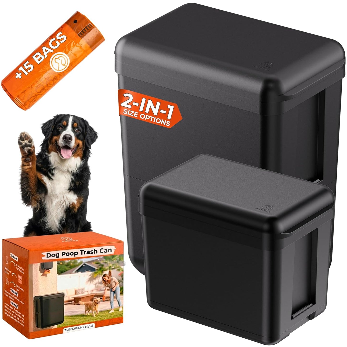 PEXTER Outdoor Dog Poop Trash Can Outside - Wall Mounted Dog Waste Bin & Garbage Can, 2-in-1 Converts 13L to 8L (3.5/2.1 Gal), Pet Waste Container for Dogs - Includes 15 Heavy Duty Bags (Black)