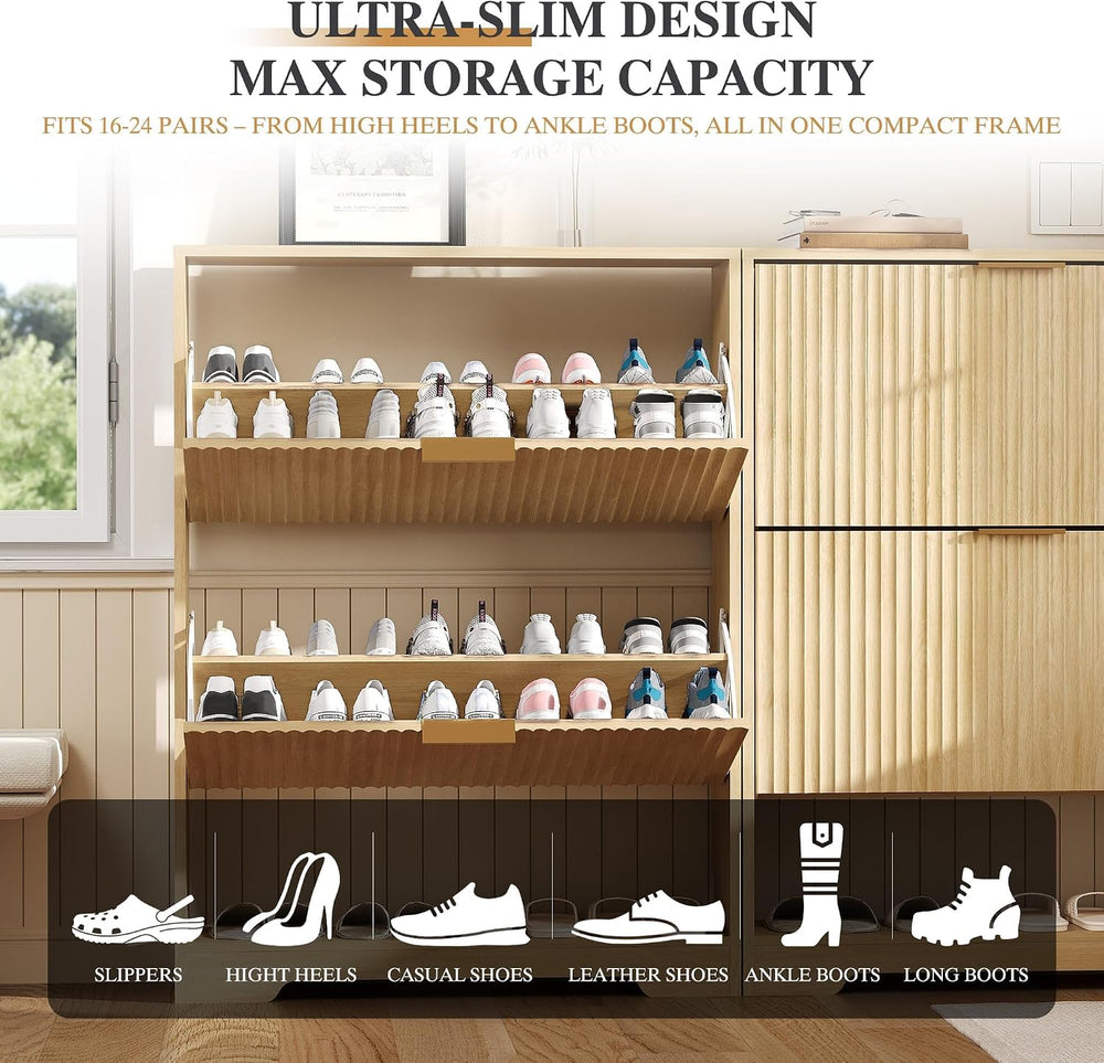 Garvee Shoe Storage Cabinet with 2 Flip Drawers,Slim Fluted Shoe Rack Cabinet...