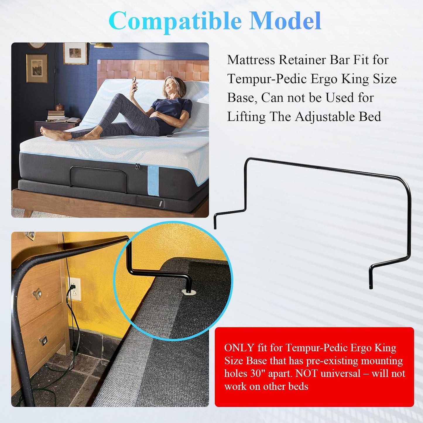 30 Inches Across Mattress Retainer Bar, 62004008 Foot Retainer Bar, Fit for Tempur-Pedic Ergo King Size Base, Can not be Used for Lifting The Adjustable Bed