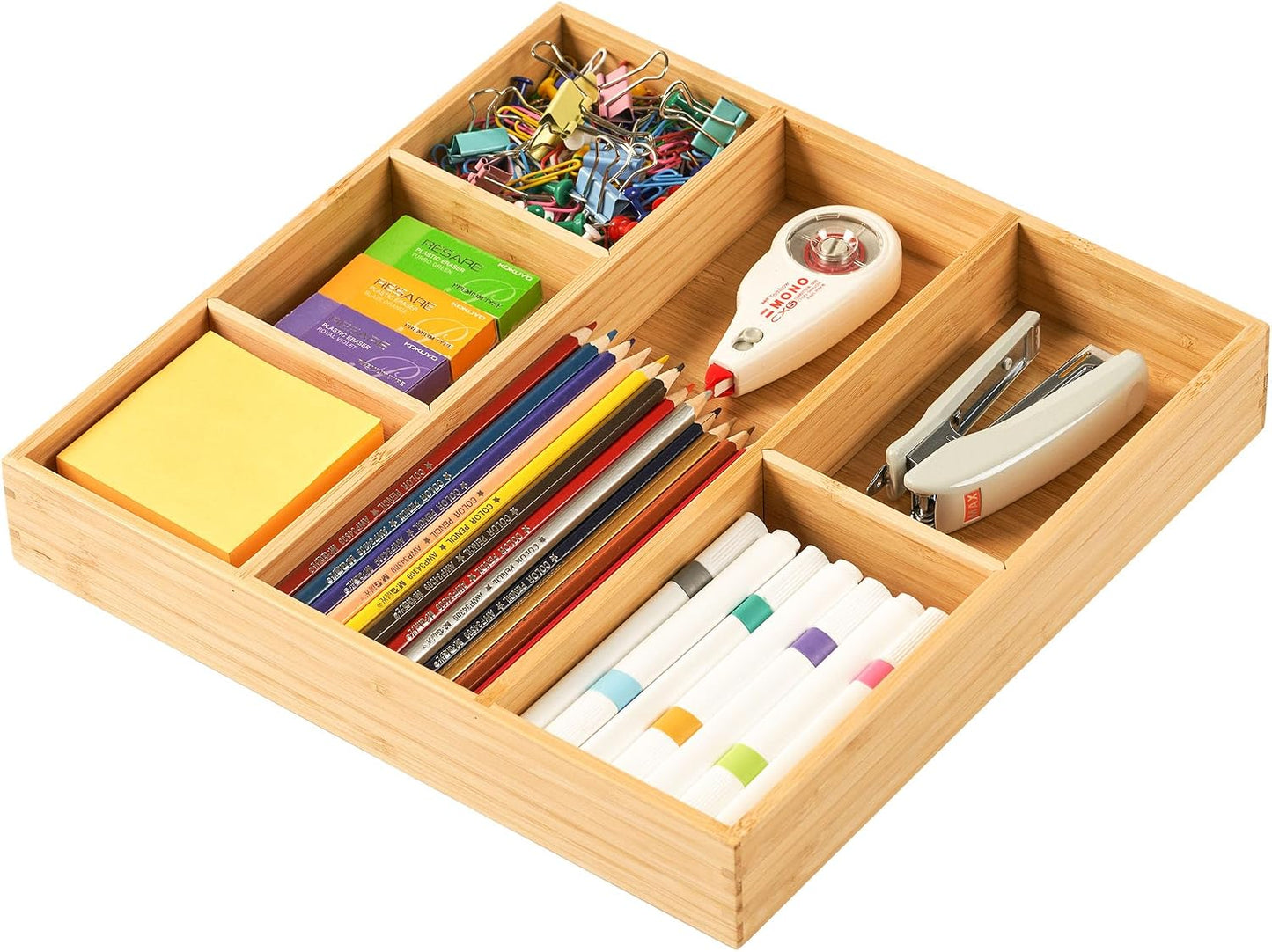 Bamboo Desk Drawer Organizer, Wood Office Junk Tray, 12"x12" | 1.8" Tall for Shallow Drawer - Adjustable dividers - Anti Slip Silicone Pads - Versatile Storage Box in Kitchen, Pantry