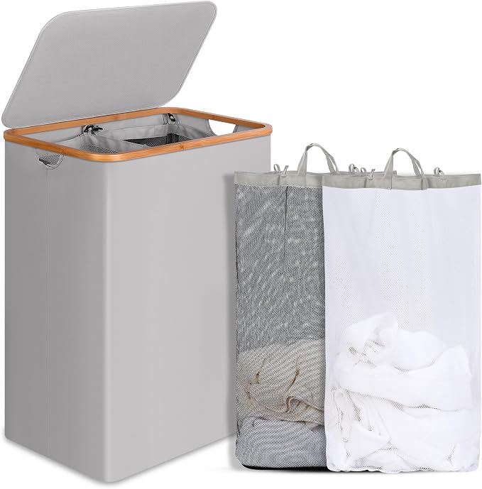 Double Laundry Hamper with Lid, Divided Laundry Hamper with Removable Bags by efluky