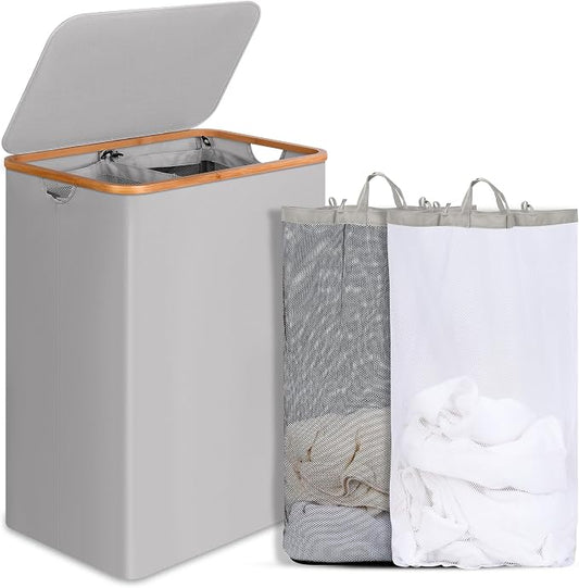 Double Laundry Hamper with Lid, Divided Laundry Hamper with Removable Bags by efluky
